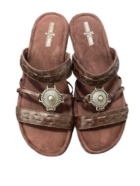 Minnetonka Sandals Brown Sabra Slides with Braided Leather Silver Accent